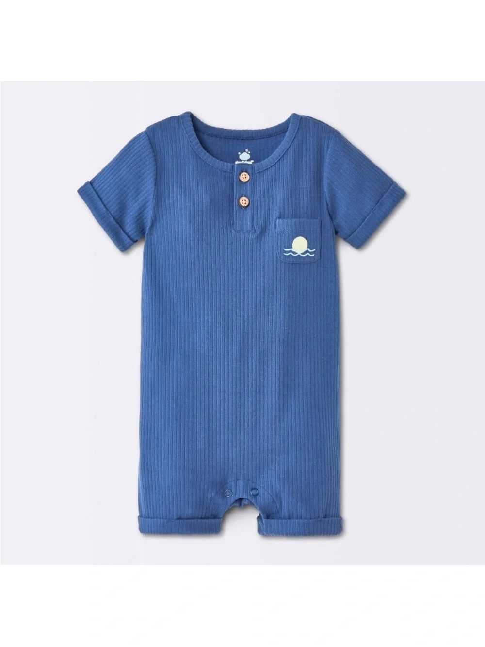 Blue Ribbed Baby Romper with Sun Pocket